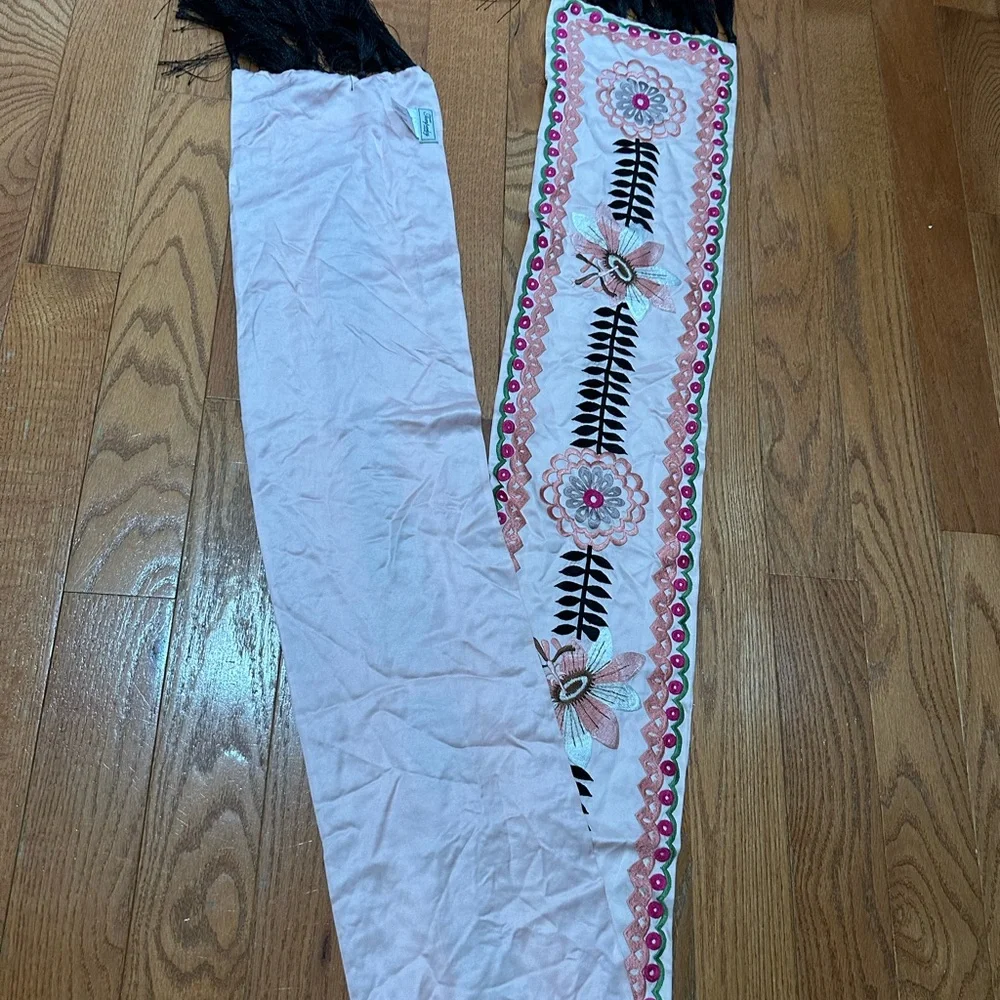 Temperley London Embroidered Floral Tassel Scarf Wrap Pink Black 75